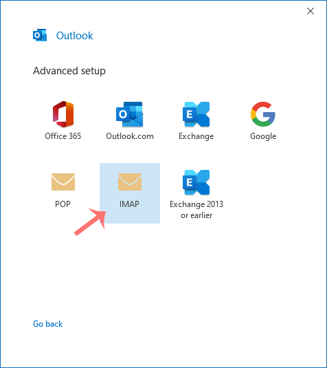 Outlook Advance setup choose IMAP