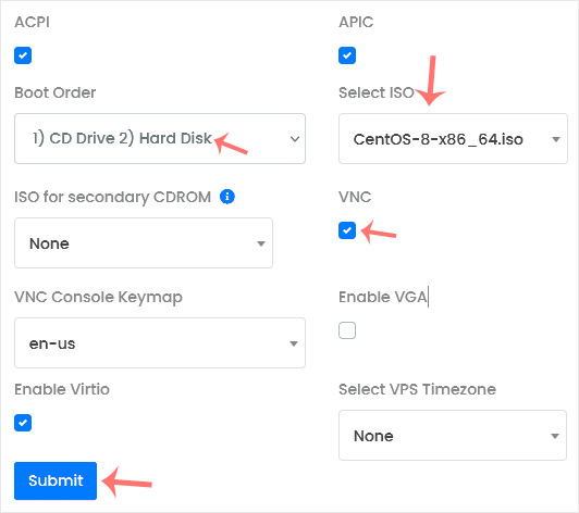 Virtualizor Chose options