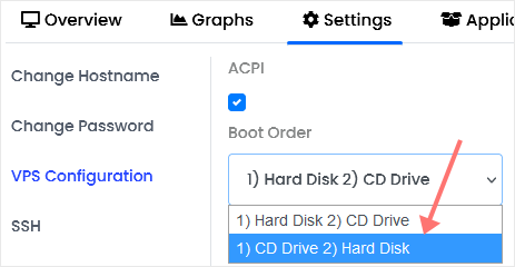 Virtualizor change boot order