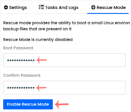 Virtualizor rescue mode set password