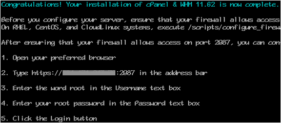 Cpanel installation completed