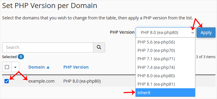 Cpanel multiphp select domain full reset