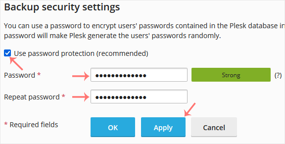 Enable password protection in plesk backup