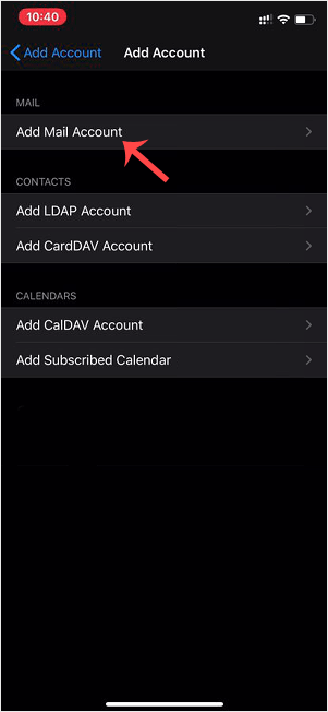 Ios add mail account option