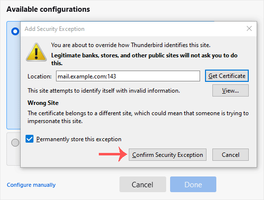 Mozilla thunderbird confirm security exception