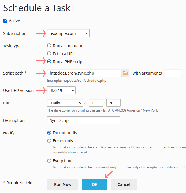 Plesk add cronjob scheduled a task setting
