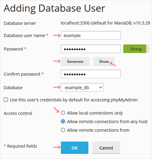Plesk adding database user option