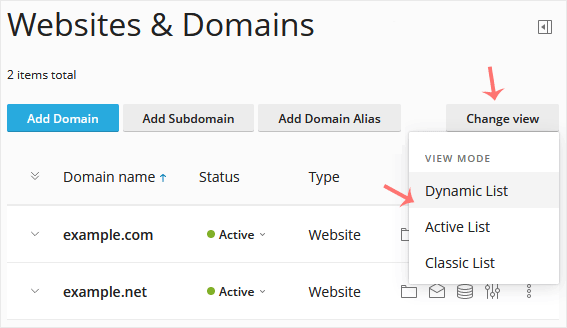 Plesk view mode in dynamic list
