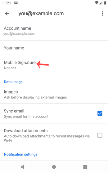 Set email signature android cpanel