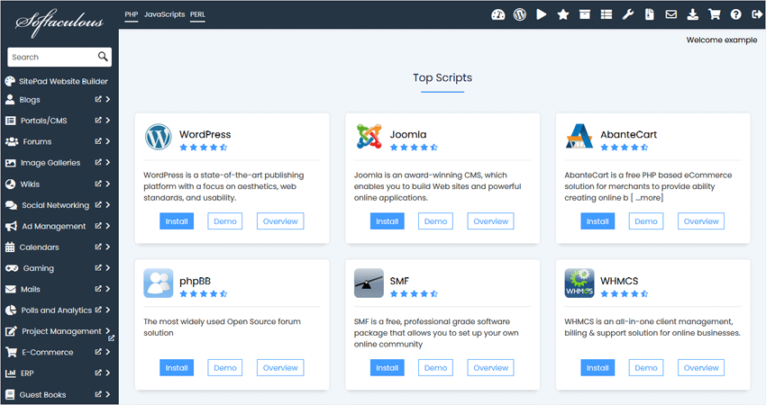 Siteworx softaculous interface