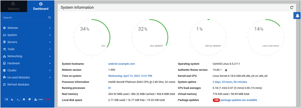 Webmin dashboard design