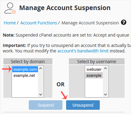 Whm reseller unsuspend account