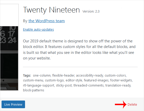 Wp themes delete option